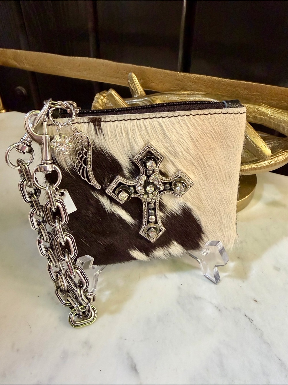 Genuine Cowhide hair on hide Western Wristlet Wallet Crystal Cross Angel Wings